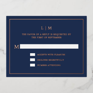 Lauren Navy Blue Monogram Elegant Wedding Folie Einladungspostkarte