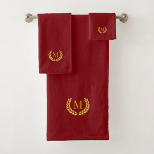 Laurier doré élégant & monogramme sur bordeaux