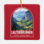 Lauterbrunnen Schweiz Tourismus Vintag Keramikornament<br><div class="desc">Lauterbrunnen Retrovektor-Reise-Design. Set in einem Tal mit felsigen Klippen und den rauschenden Staubbbbachfällen.</div>