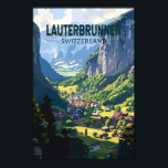 Lauterbrunnen Schweiz Tourismus Vintag Poster<br><div class="desc">Lauterbrunnen Retrovektor-Reise-Design. Set in einem Tal mit felsigen Klippen und den rauschenden Staubbbbachfällen.</div>