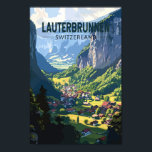 Lauterbrunnen Schweiz Tourismus Vintag Poster<br><div class="desc">Lauterbrunnen Retrovektor-Reise-Design. Set in einem Tal mit felsigen Klippen und den rauschenden Staubbbbachfällen.</div>