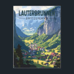Lauterbrunnen Schweiz Tourismus Vintag Postkarte<br><div class="desc">Lauterbrunnen Retrovektor-Reise-Design. Set in einem Tal mit felsigen Klippen und den rauschenden Staubbbbachfällen.</div>
