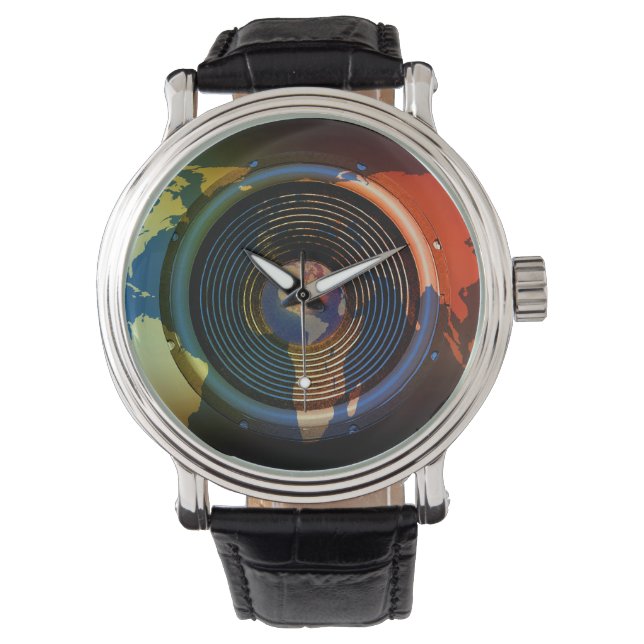 Lautsprecher auf Weltkarte Armbanduhr (Vorderseite)