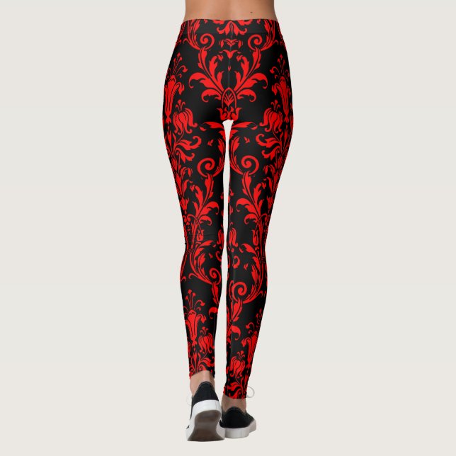 Lava Red auf Black Floral Wirbel Damask Leggings (Rückseite)