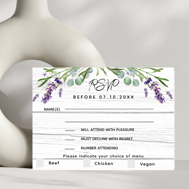 Lavande bois blanc mariage menu réponse RSVP (Créateur téléchargé)