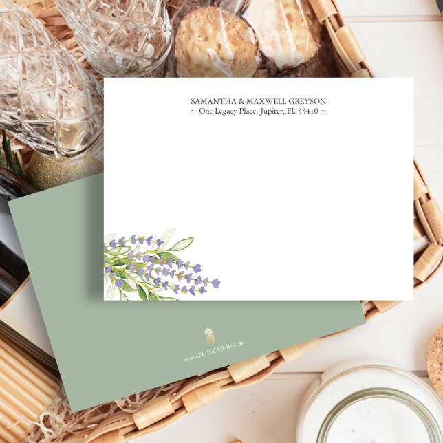 Lavande Carte pour notes de Merci personnalisée (Personalized notecards feature watercolor lavender art by Victoria Grigaliunas of Do Tell A Belle)