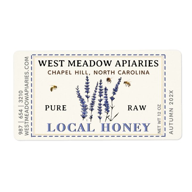 Lavande et abeilles Miel Étiquette Dashed (Devant)