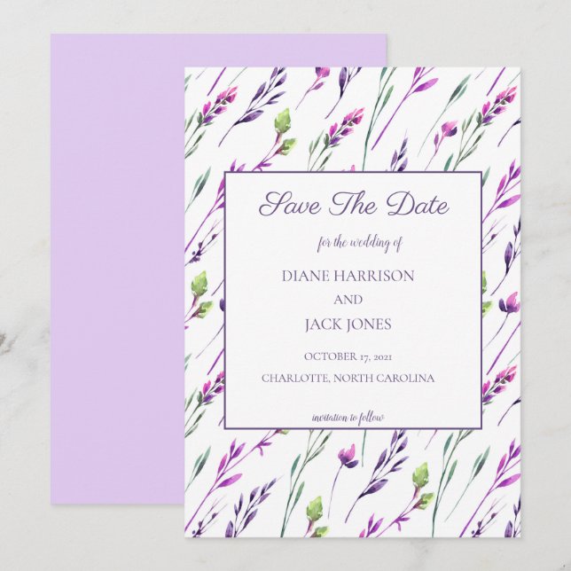 Lavande et aquarelle verte faire-part de mariage " (Devant / Derrière)