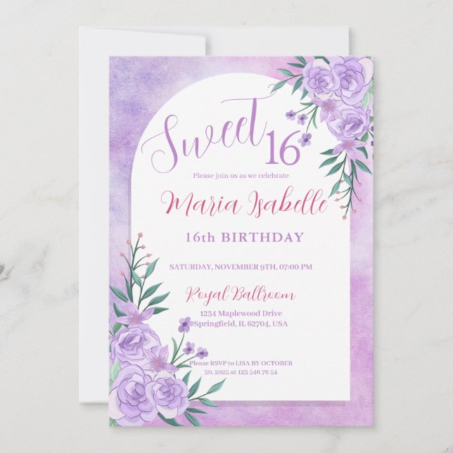 Lavande Floral Sweet 16 Anniversaire Invitation (Devant)