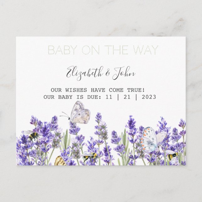 Lavander Butterflies Botanical Ankündigungspostkarte (Vorderseite)