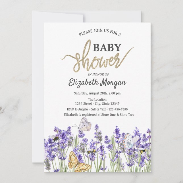 Lavander Butterflies Botanical Baby Shower Einladung (Vorderseite)