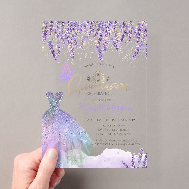  Lavander,String Lights,Glitter Dress Quinceanera Acryleinladungen (Insitu (Handheld))