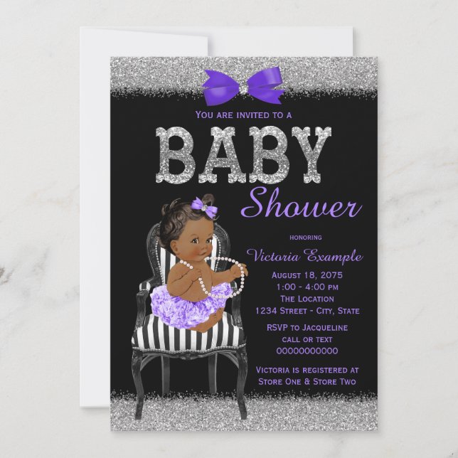 Lavend Lila Black Silver Ethnic Girl Baby Dusche Einladung (Vorderseite)