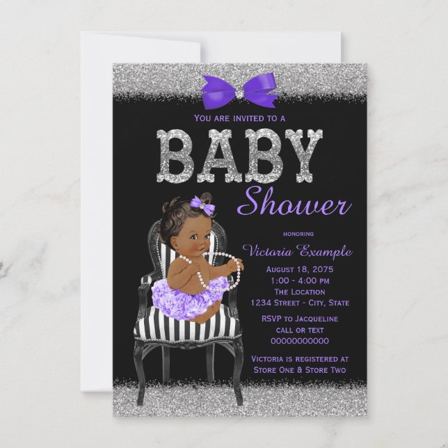 Lavend Lila Black Silver Ethnic Girl Baby Dusche Einladung (Vorderseite)