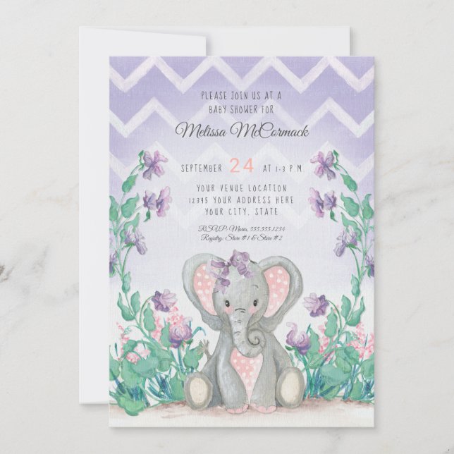 Lavendel Adorable Elephant Girl Babydusche Strip Einladung (Vorderseite)