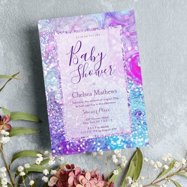 Lavendel aquamariner lila Marmor Glitzer Babydusch Einladung (Lavender teal purple marble glitter Baby Shower Invitation )