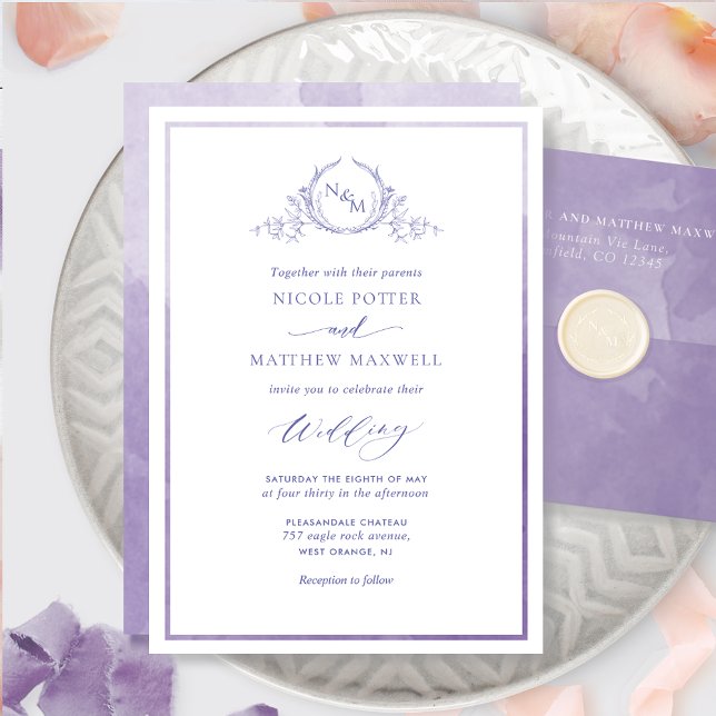 Lavendel, Aquarellfarbenelegante Monogram-Hochzeit Einladung (Von Creator hochgeladen)