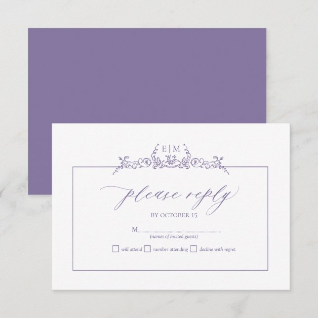 Lavendel Bloral Border Monogram Wedding RSVP Card Karte (Vorne/Hinten)