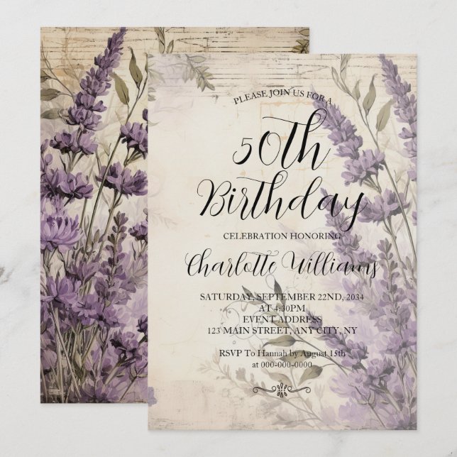 Lavendel Blume Frauen 50. Geburtstag Einladung (Vorne/Hinten)