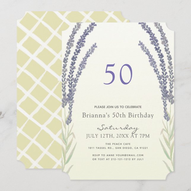Lavendel Blume Sprigs Gelb 50. Geburtstag Einladung (Vorne/Hinten)