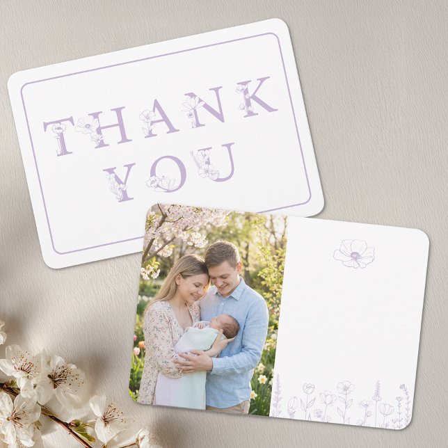 Lavendel Blumen Baby Shower Foto Dankeskarte (Thank you photo card)