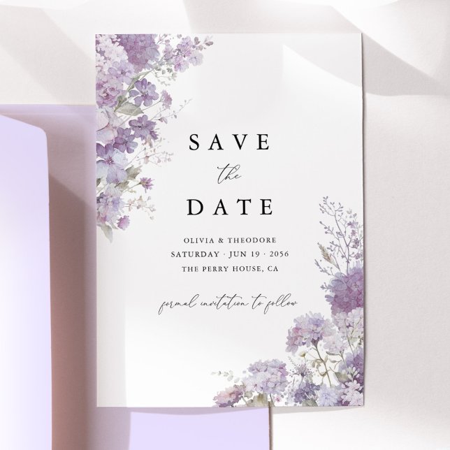 Lavendel Blumen Elegante Hochzeit Termin merken Da Save The Date (Lavender floral save the date card with watercolor hydrangea, elegant lilac wedding stationery)