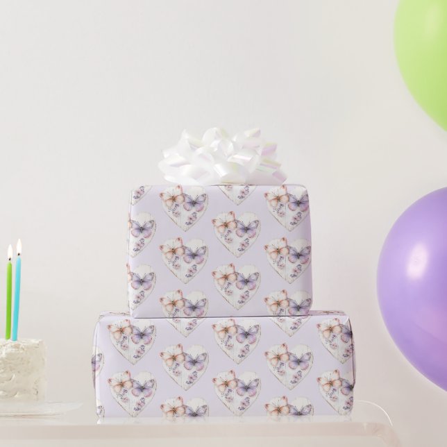 Lavendel-Blumen-Herz Rosa Schmetterlinge Geburtsta Geschenkpapier (Partygeschenke)