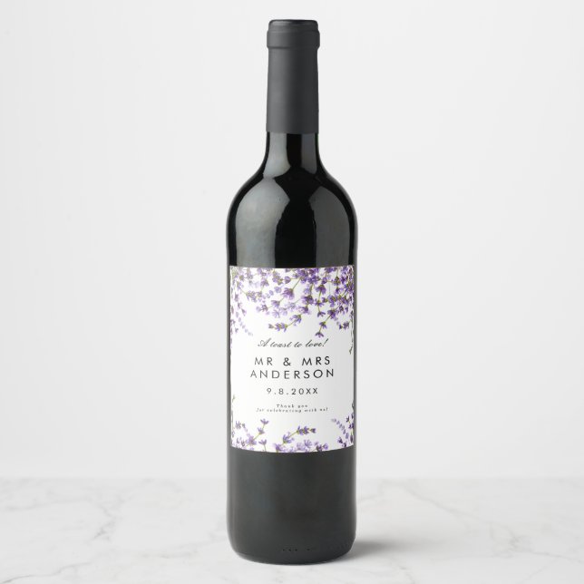 Lavendel Blumen Hochzeitsflasche Weinetikett (Vorderseite)