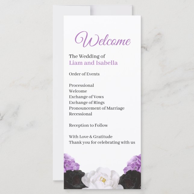 Lavendel-Blumen-Hochzeitsprogrammkarte (Vorderseite)