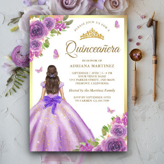 Lavendel Blumenkleid Butterfly Gold Quinceanera Einladung