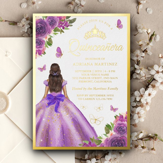 Lavendel Blumenkleid Butterfly Quinceanera Gold Folieneinladung (Von Creator hochgeladen)