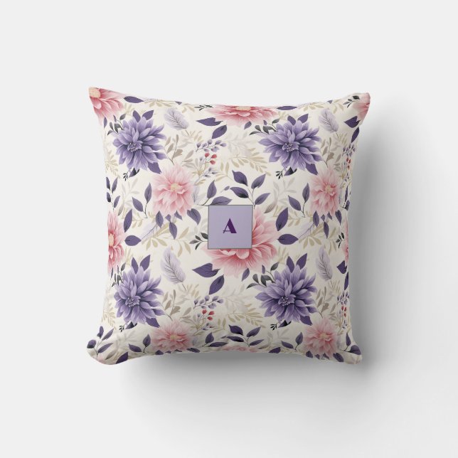 Lavendel Blumenmuster Monogramm Kissen (Vorderseite)