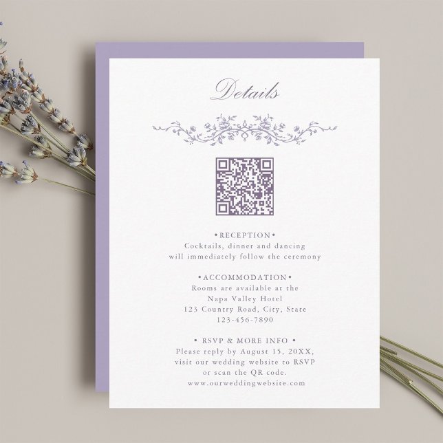Lavendel Blumenrand QR-Code Hochzeitsdetails Begleitkarte (Von Creator hochgeladen)