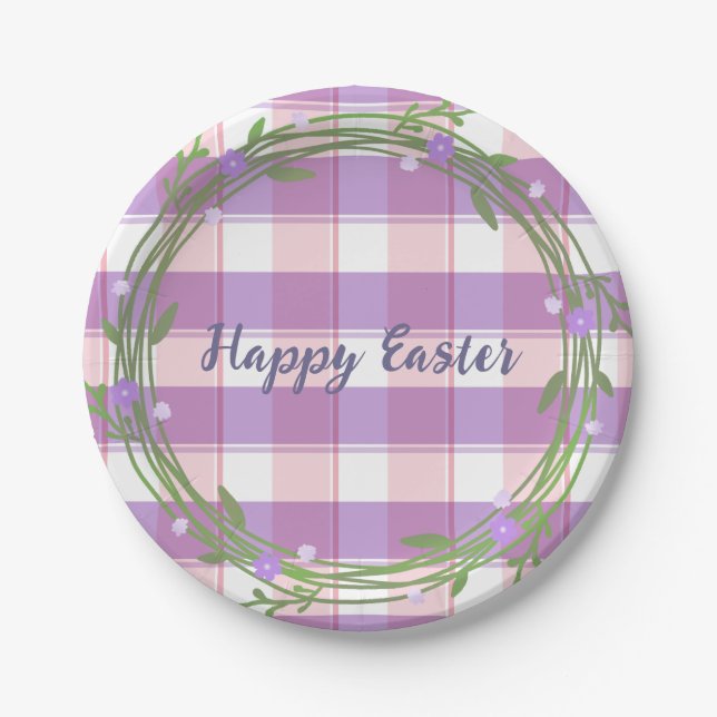Lavendel Blumenreath Rosa Karo Gewohnter Ostern Pappteller (Vorderseite)