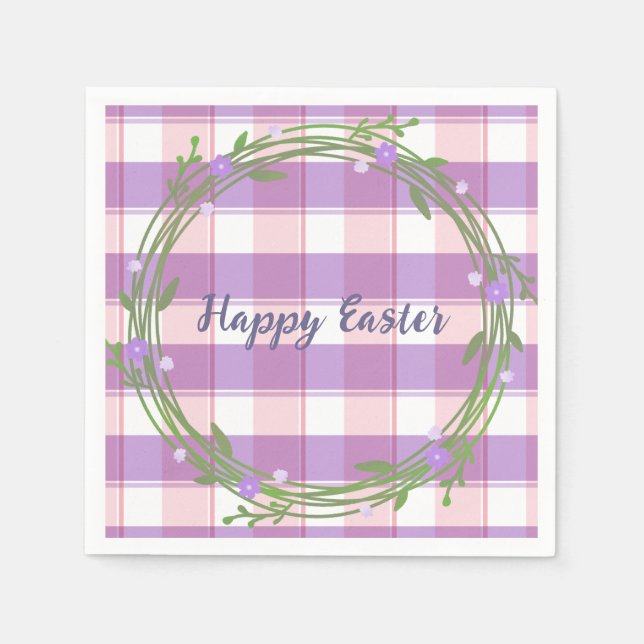 Lavendel Blumenreath Rosa Karo Gewohnter Ostern Serviette (Vorderseite)