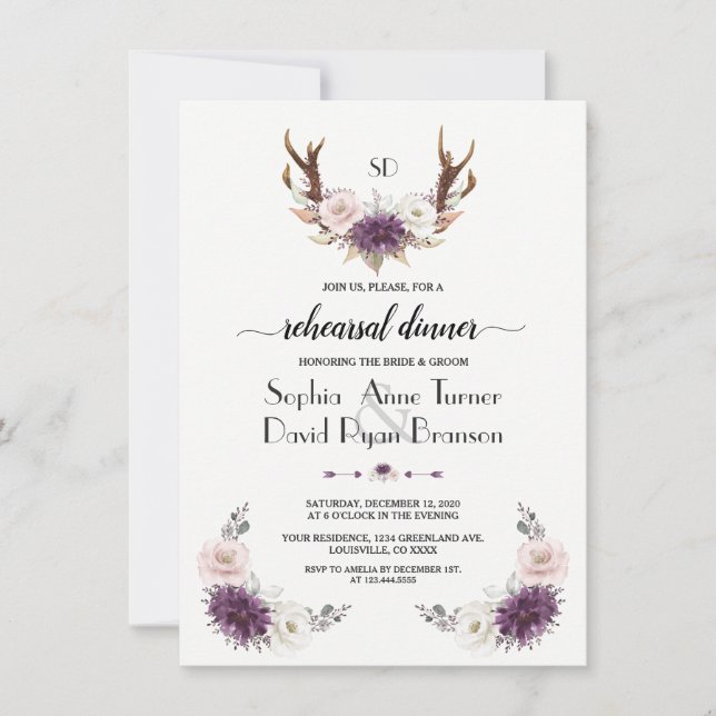 Lavendel Blush Floral Antlers Probe Abendessen Einladung (Vorderseite)