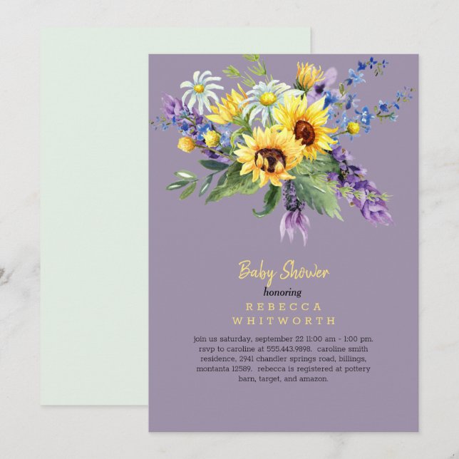 Lavendel Blütenblume in Person Baby Dusche Einladung (Vorne/Hinten)