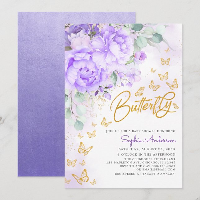 Lavendel Blütengold Glitzer Butterfly Babydusche Einladung (Vorne/Hinten)