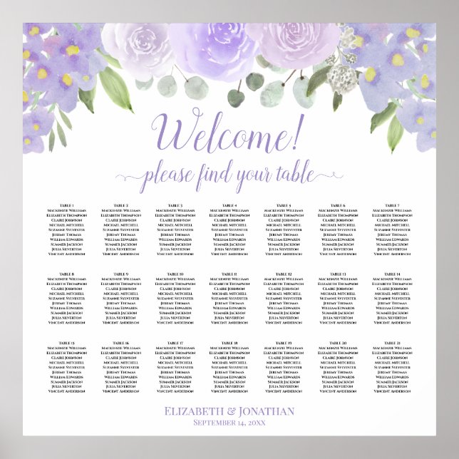 Lavendel Boho Rose 21 Tabelle Hochzeitstabelle Poster (Vorne)