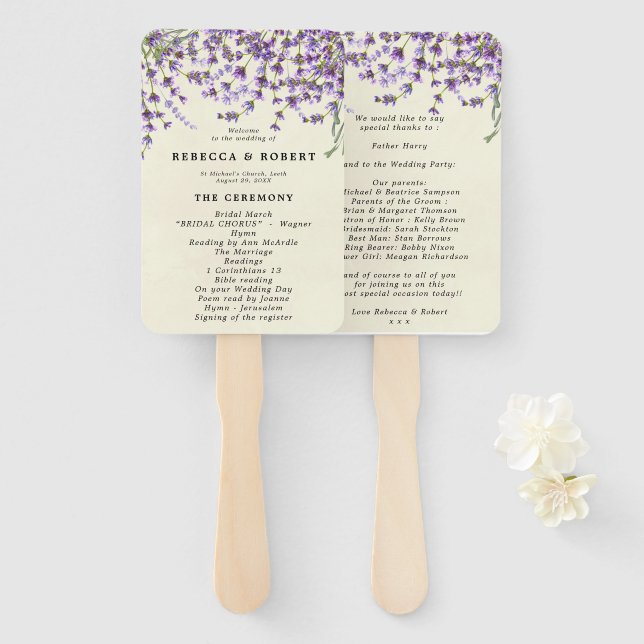Lavendel botanische Hochzeitsfans Fächer (Vorne und Hinten)