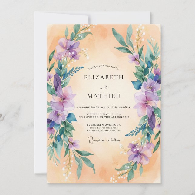 Lavendel-Botanischer-Bogen-Hochzeit Einladung (Vorderseite)