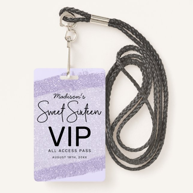 Lavendel Brush Glitzer Sweet 16 Einladung VIP Ausweis (Vorderseite mit Schlüsselband)