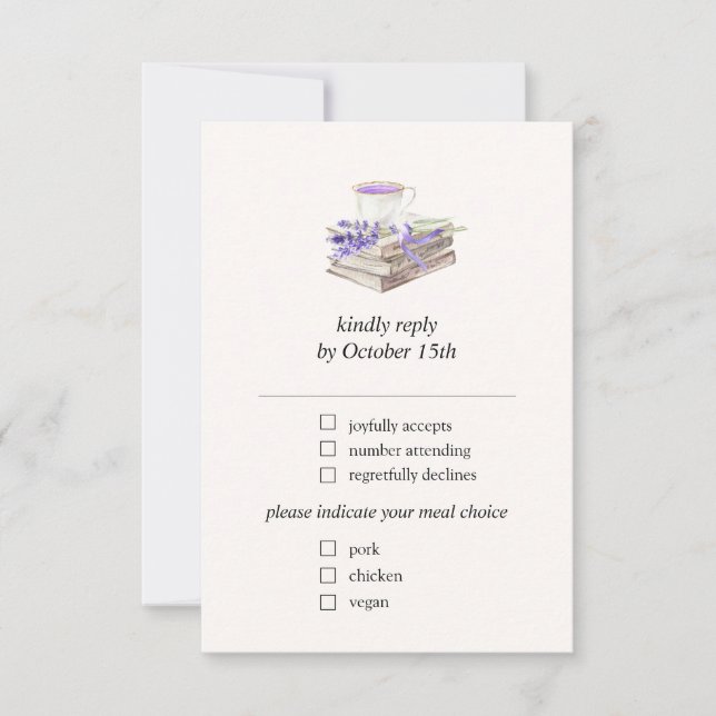 Lavendel Buch Neues Kapitel Brautparty RSVP Karte (Vorderseite)
