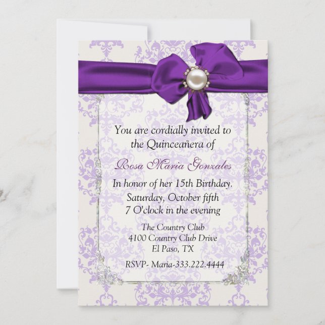 Lavendel & Cream Damask Quinceñera Einladung (Vorderseite)
