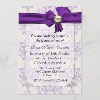 Lavendel & Cream Damask Quinceñera Einladung