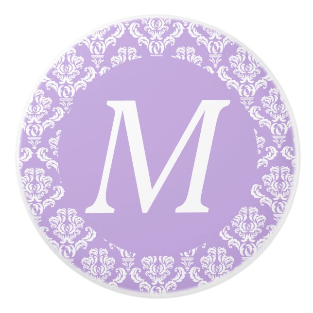 Lavendel-Damast-weißer Monogramm-Griff Keramikknauf (Vorderseite)