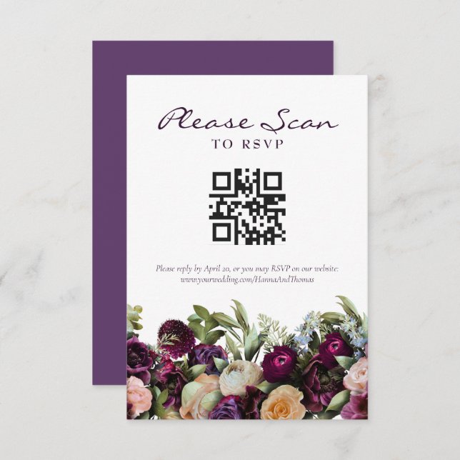 Lavendel Dark Floral Wedding QR Code RSVP Card (Vorne/Hinten)