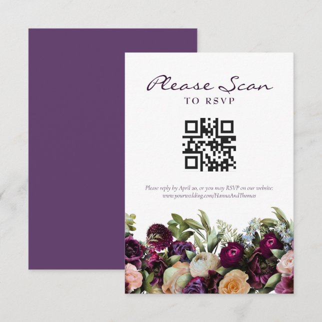 Lavendel Dark Floral Wedding QR Code RSVP Card Karte (Vorne/Hinten)