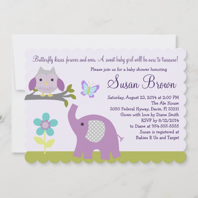 Lavendel Elephant Butterfly Baby Dusche einladen Einladung (Vorderseite)
