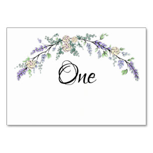 Lavendel Elfenbeinrose und Eukalyptus Tischnummer